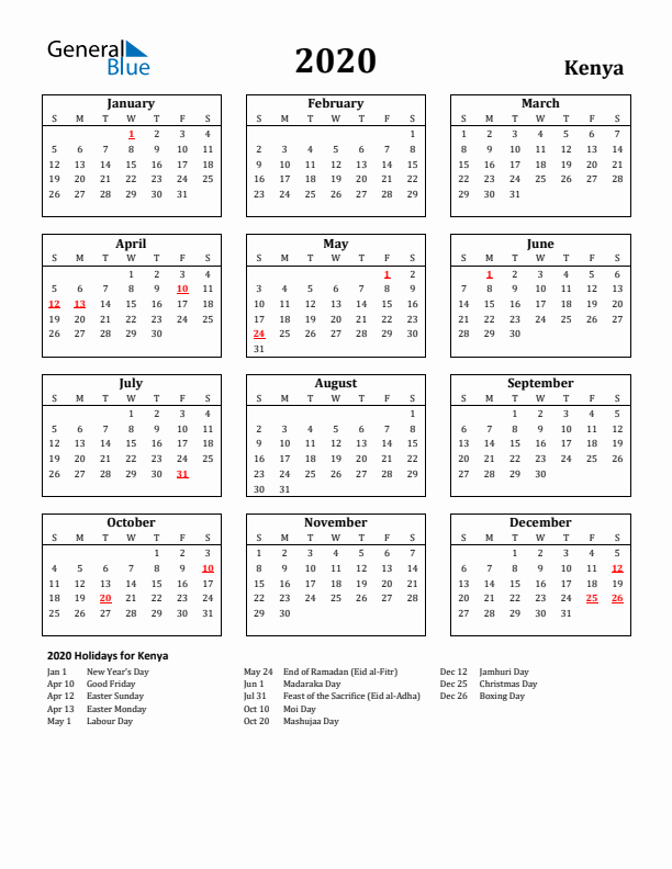 2020 Kenya Holiday Calendar - Sunday Start