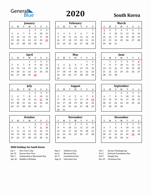 2020 South Korea Holiday Calendar - Sunday Start