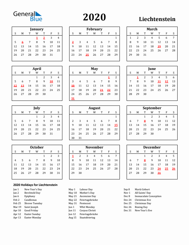 2020 Liechtenstein Holiday Calendar - Sunday Start
