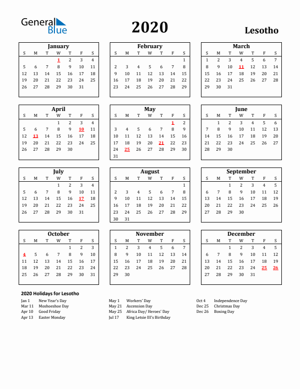 2020 Lesotho Holiday Calendar - Sunday Start