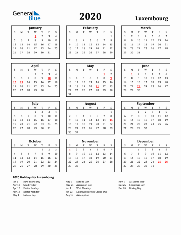 2020 Luxembourg Holiday Calendar - Sunday Start