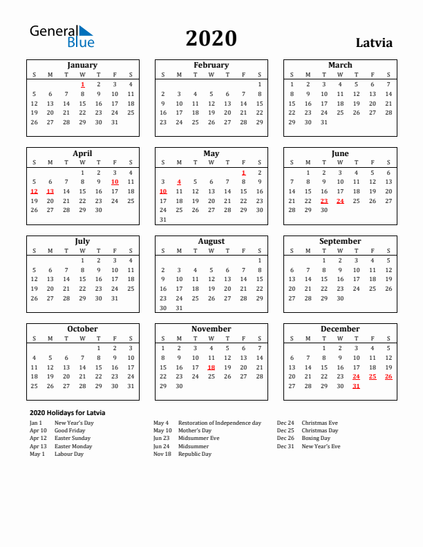 2020 Latvia Holiday Calendar - Sunday Start