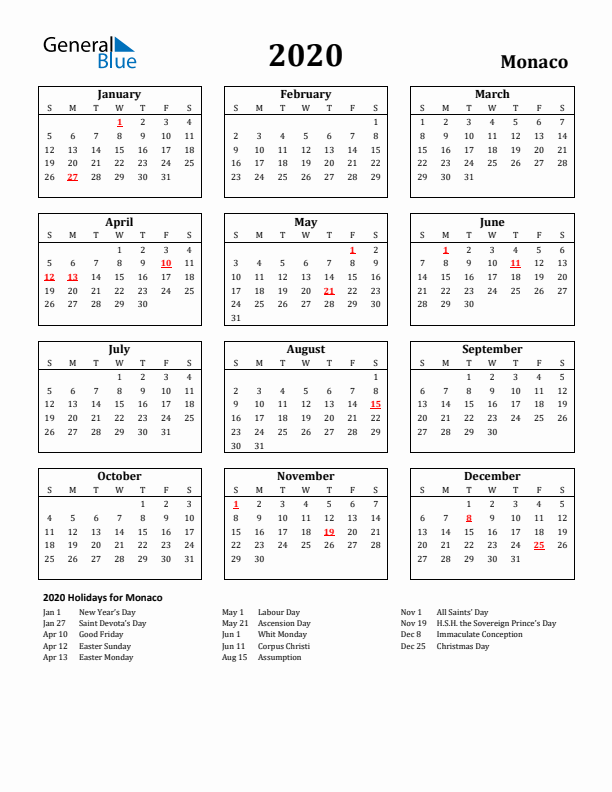 2020 Monaco Holiday Calendar - Sunday Start