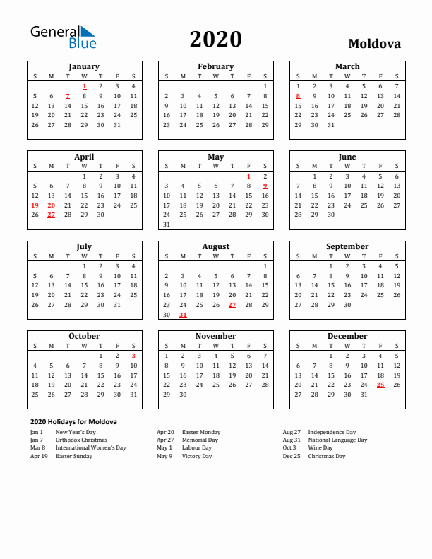 2020 Moldova Holiday Calendar - Sunday Start