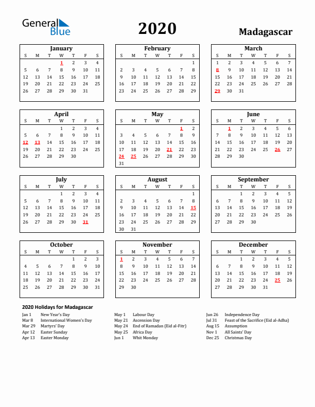 2020 Madagascar Holiday Calendar - Sunday Start