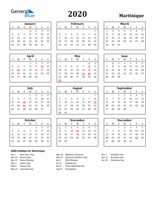 2020 Martinique Holiday Calendar - Sunday Start