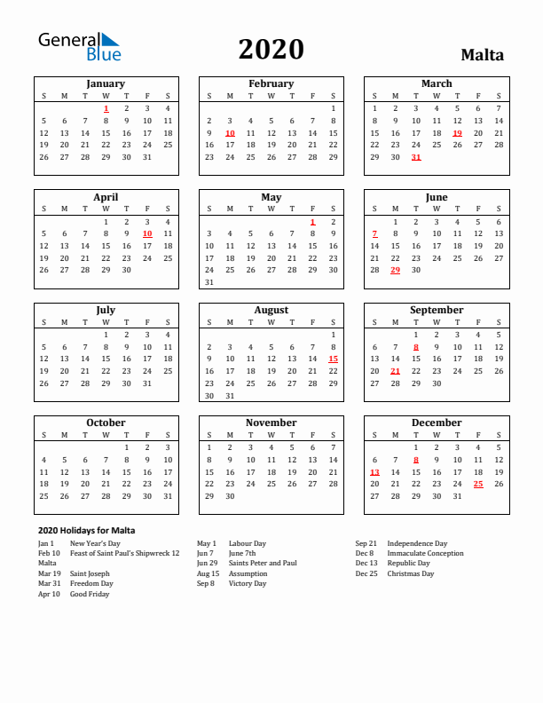 2020 Malta Holiday Calendar - Sunday Start