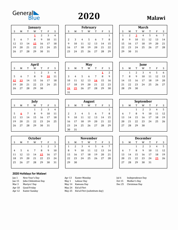 2020 Malawi Holiday Calendar - Sunday Start