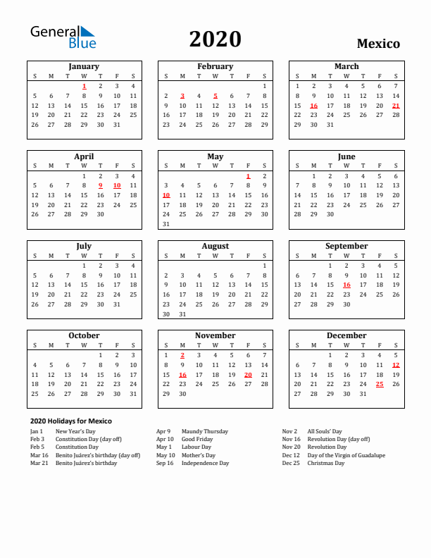 2020 Mexico Holiday Calendar - Sunday Start