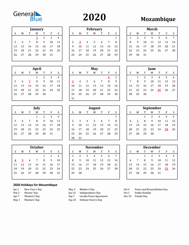 2020 Mozambique Holiday Calendar - Sunday Start