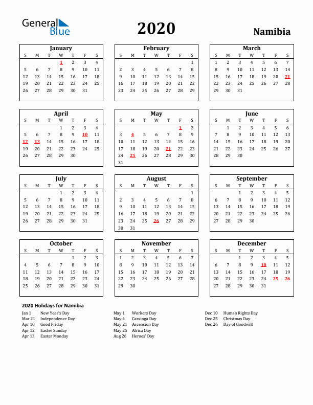 2020 Namibia Holiday Calendar - Sunday Start