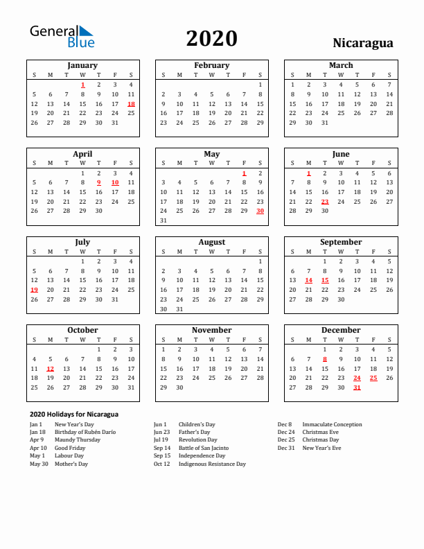 2020 Nicaragua Holiday Calendar - Sunday Start