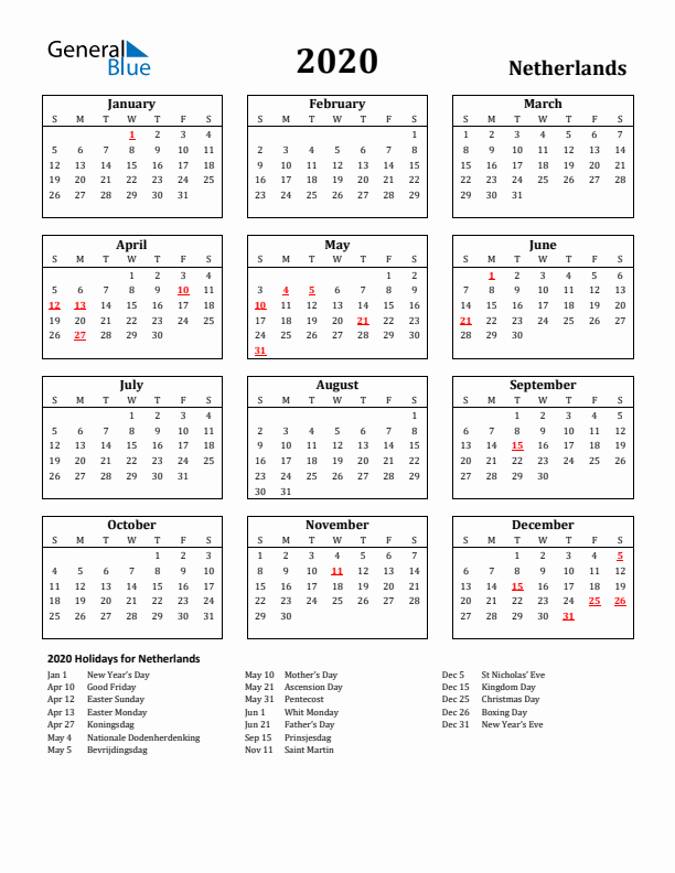 2020 The Netherlands Holiday Calendar - Sunday Start