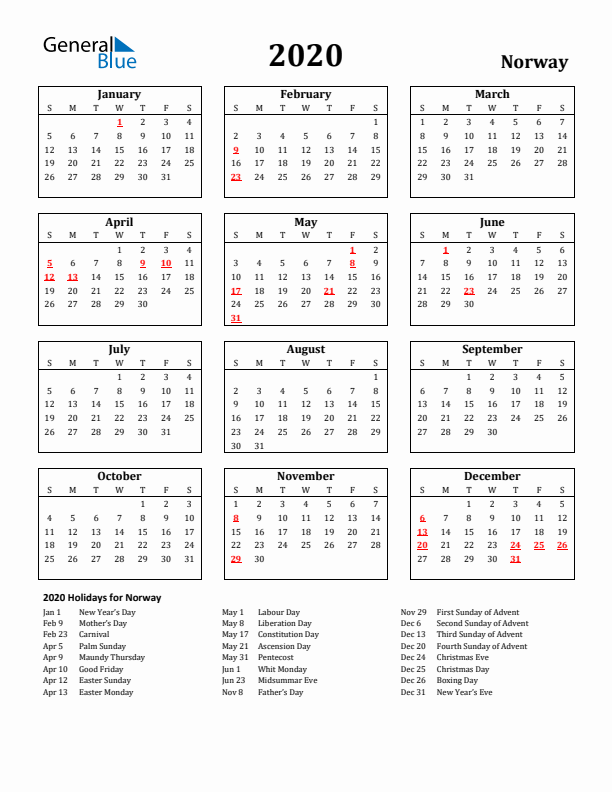 2020 Norway Holiday Calendar - Sunday Start