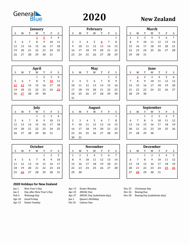2020 New Zealand Holiday Calendar - Sunday Start