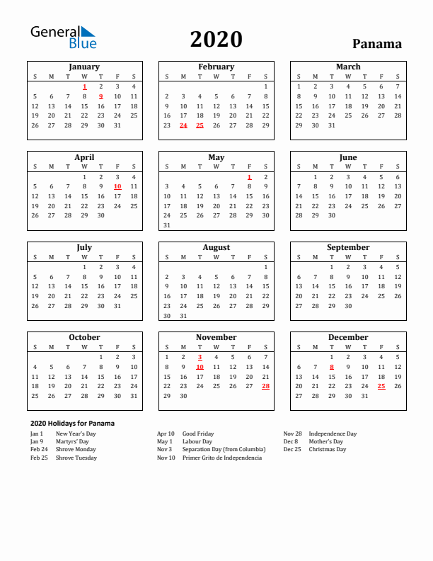 2020 Panama Holiday Calendar - Sunday Start