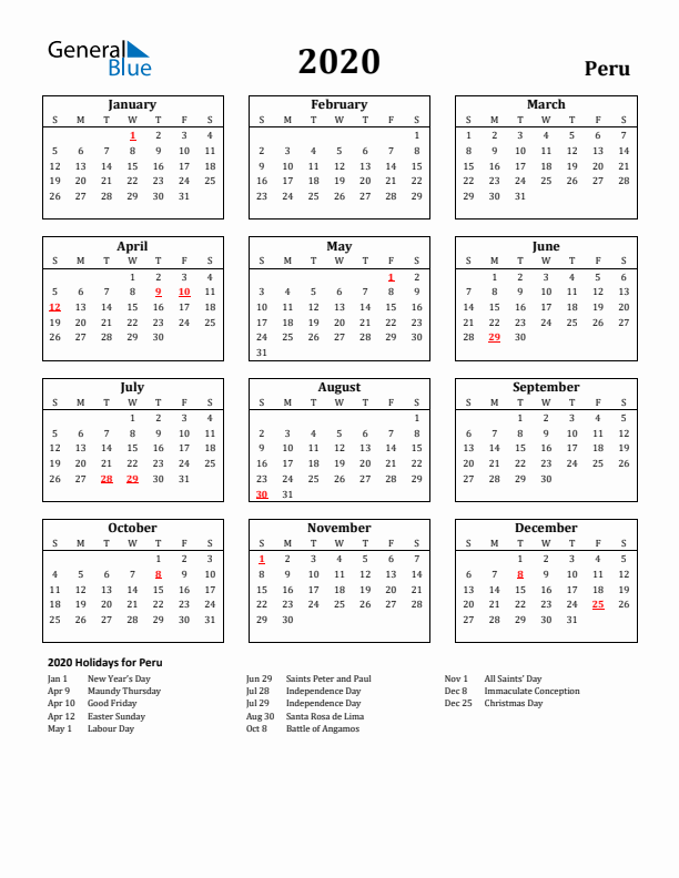 2020 Peru Holiday Calendar - Sunday Start
