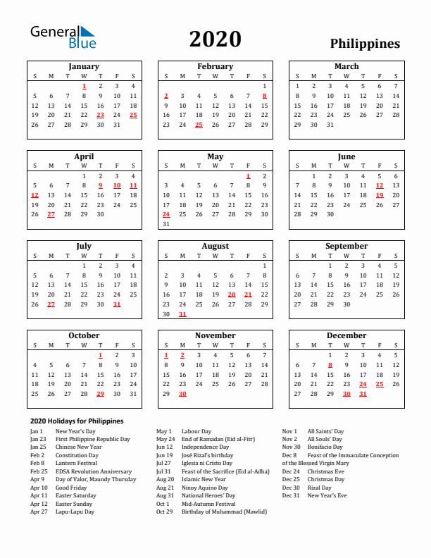 2020 Philippines Holiday Calendar - Sunday Start