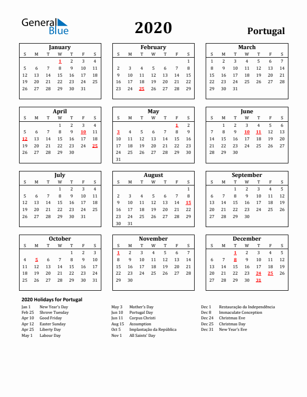 2020 Portugal Holiday Calendar - Sunday Start