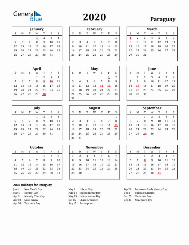 2020 Paraguay Holiday Calendar - Sunday Start