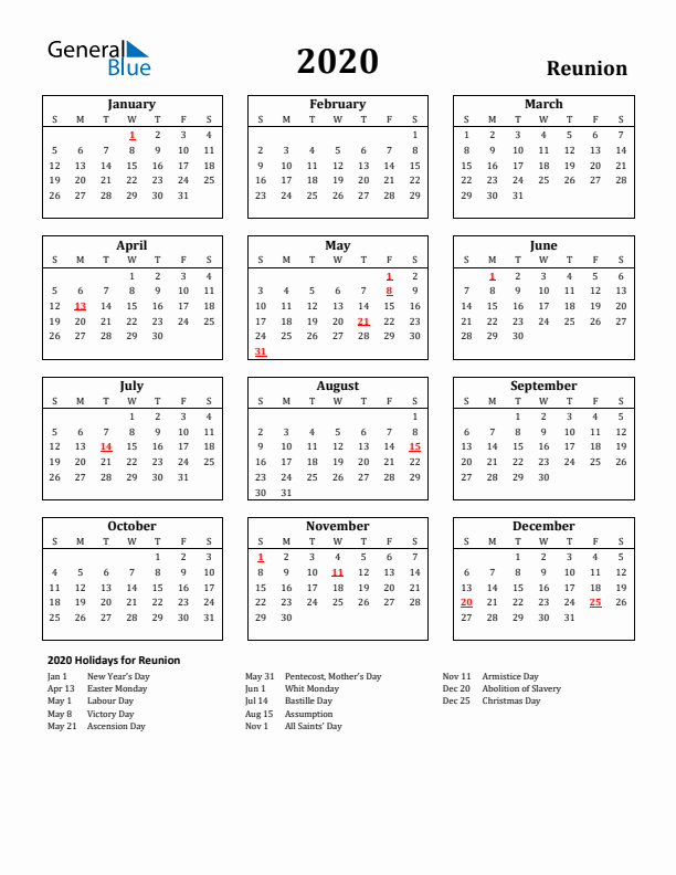 2020 Reunion Holiday Calendar - Sunday Start