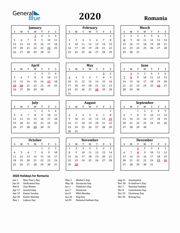 2020 Romania Holiday Calendar - Sunday Start