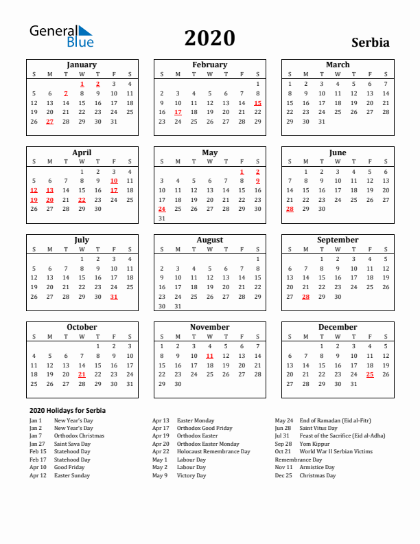 2020 Serbia Holiday Calendar - Sunday Start