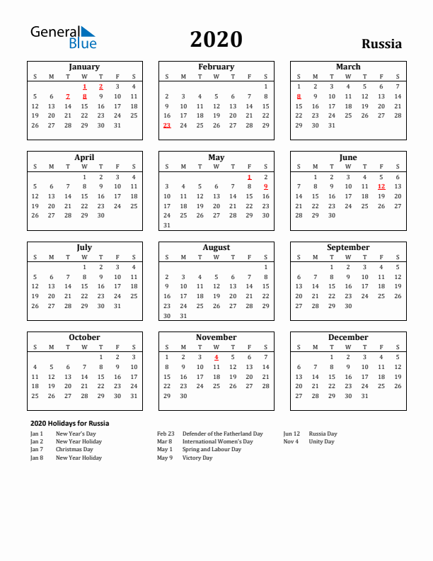 2020 Russia Holiday Calendar - Sunday Start