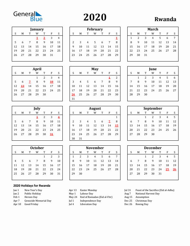 2020 Rwanda Holiday Calendar - Sunday Start