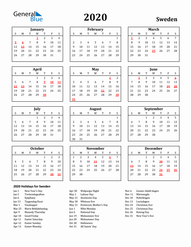 2020 Sweden Holiday Calendar - Sunday Start