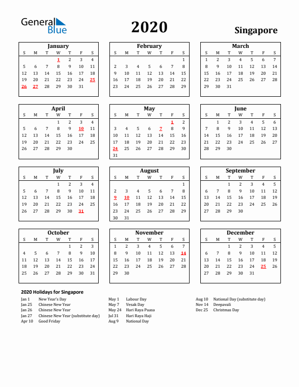 2020 Singapore Holiday Calendar - Sunday Start