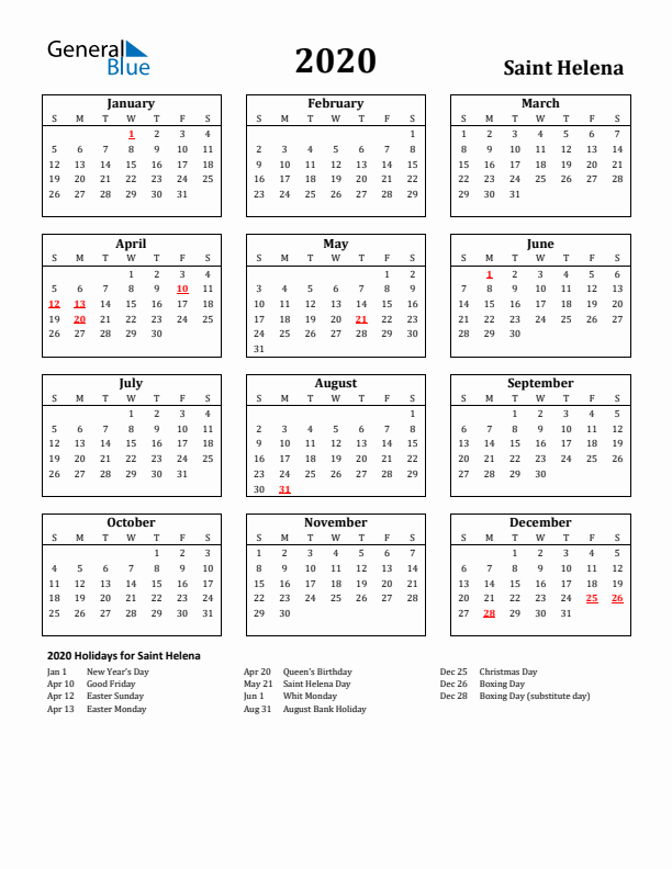 2020 Saint Helena Holiday Calendar - Sunday Start