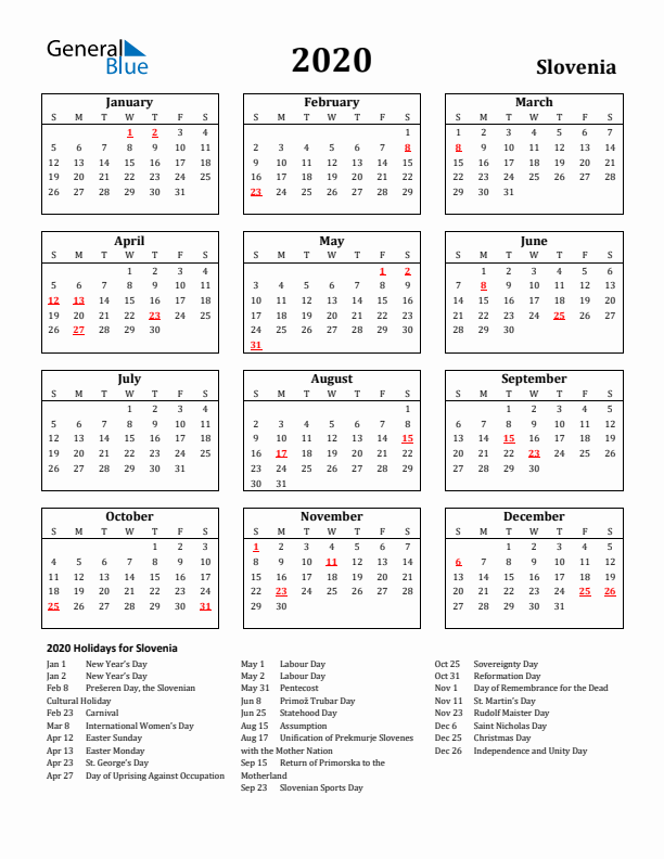 2020 Slovenia Holiday Calendar - Sunday Start