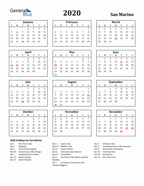 2020 San Marino Holiday Calendar - Sunday Start