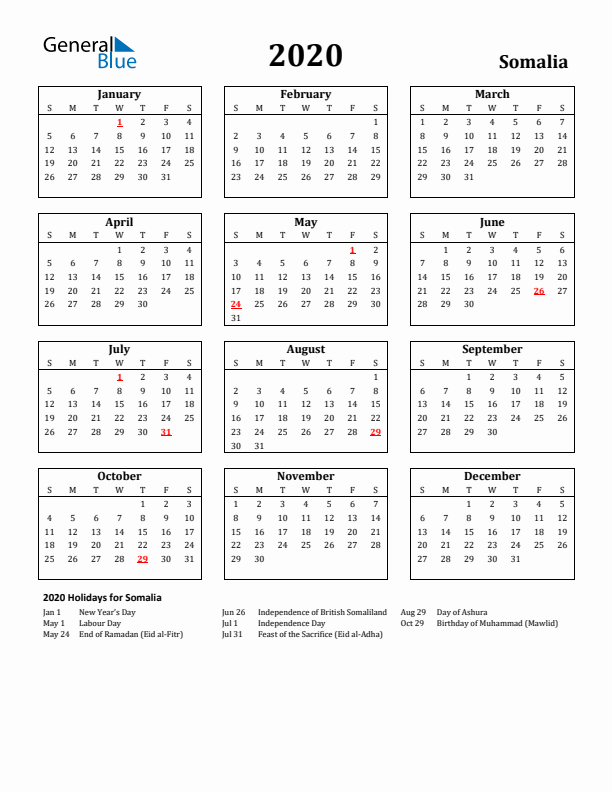 2020 Somalia Holiday Calendar - Sunday Start