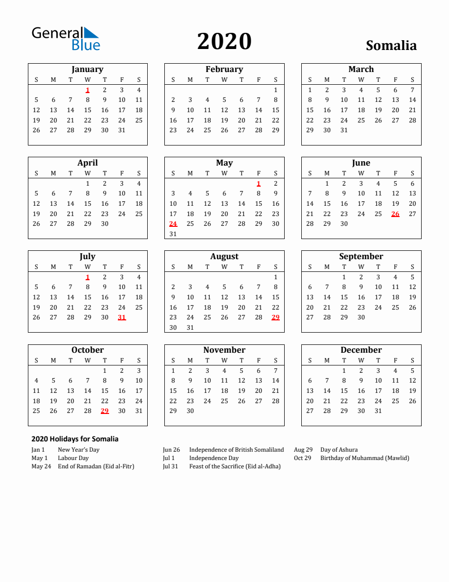 Free Printable 2020 Somalia Holiday Calendar