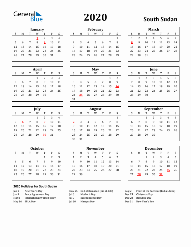 2020 South Sudan Holiday Calendar - Sunday Start
