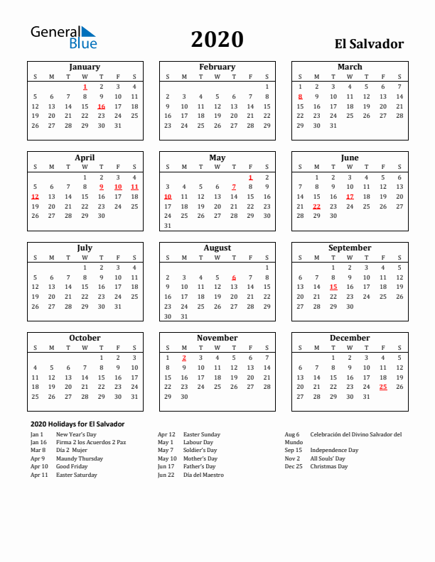 2020 El Salvador Holiday Calendar - Sunday Start