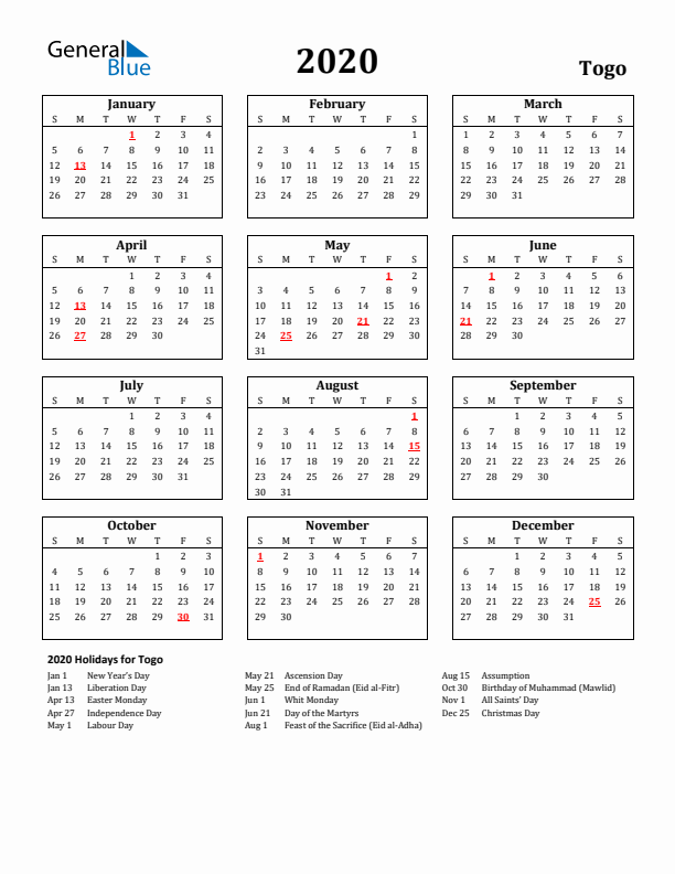 2020 Togo Holiday Calendar - Sunday Start