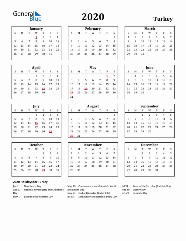 2020 Turkey Holiday Calendar - Sunday Start