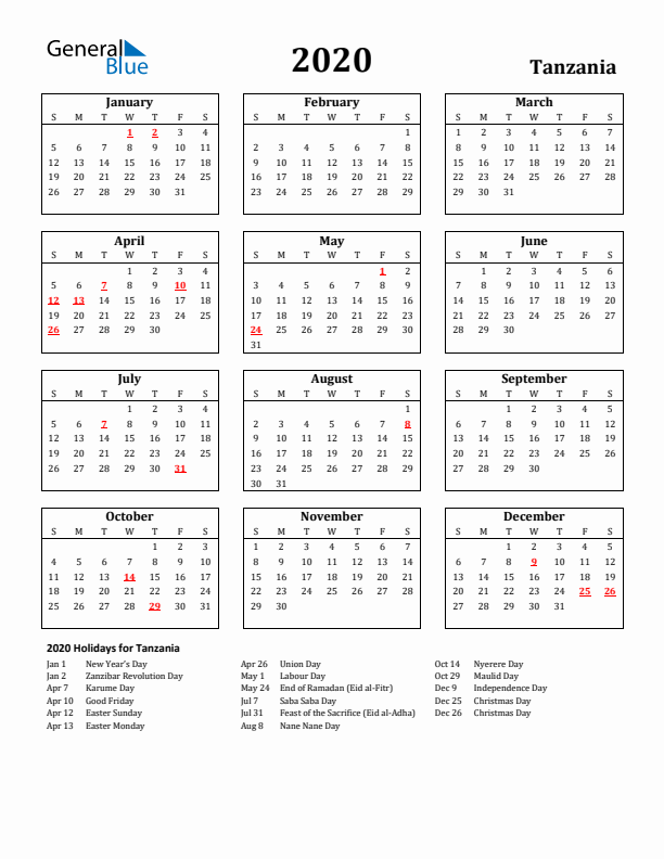2020 Tanzania Holiday Calendar - Sunday Start