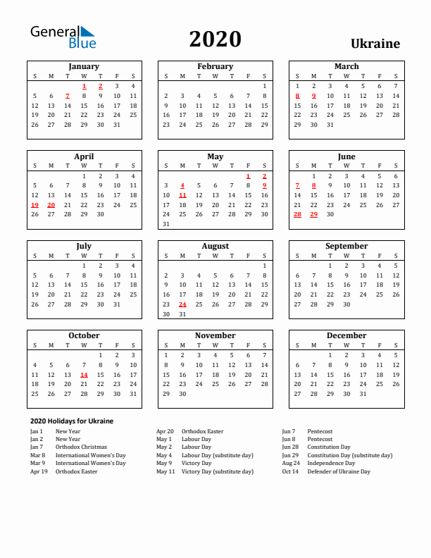2020 Ukraine Holiday Calendar - Sunday Start
