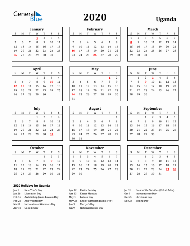2020 Uganda Holiday Calendar - Sunday Start