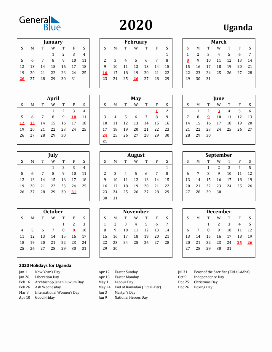 Free Printable 2020 Uganda Holiday Calendar