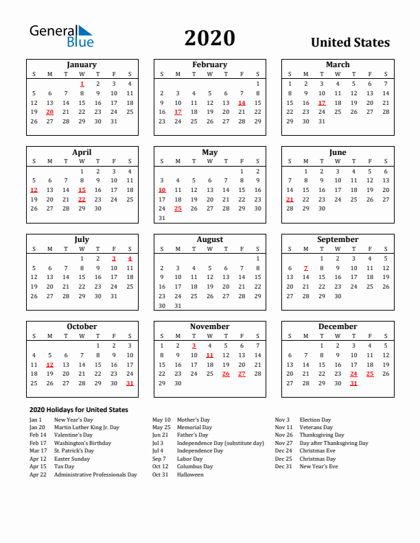 2020 United States Holiday Calendar - Sunday Start