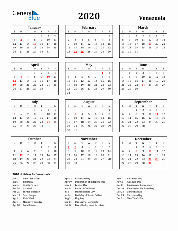 2020 Venezuela Holiday Calendar - Sunday Start