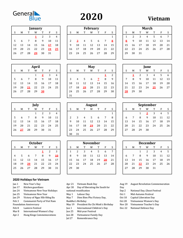2020 Vietnam Holiday Calendar - Sunday Start