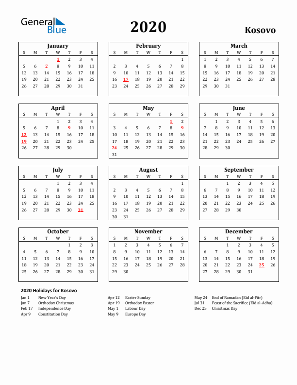 2020 Kosovo Holiday Calendar - Sunday Start