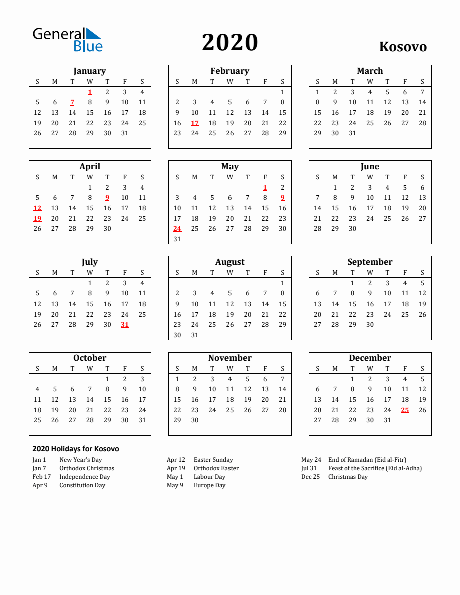 Free Printable 2020 Kosovo Holiday Calendar