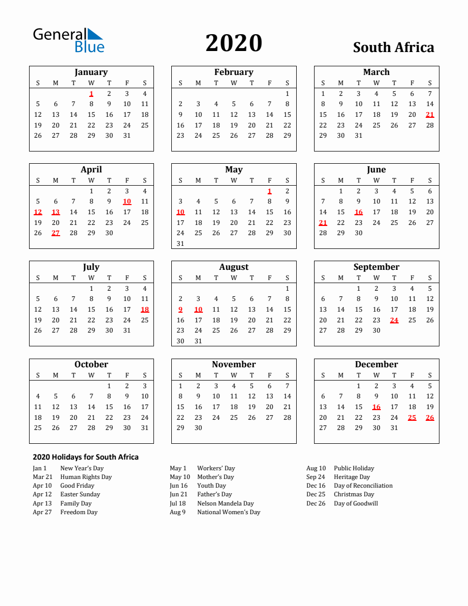 Free Printable 2020 South Africa Holiday Calendar